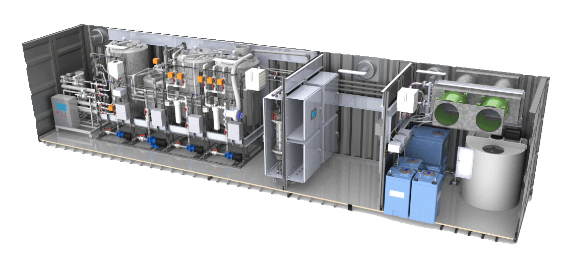 3D rendering of the inside of a container with industrial machinery